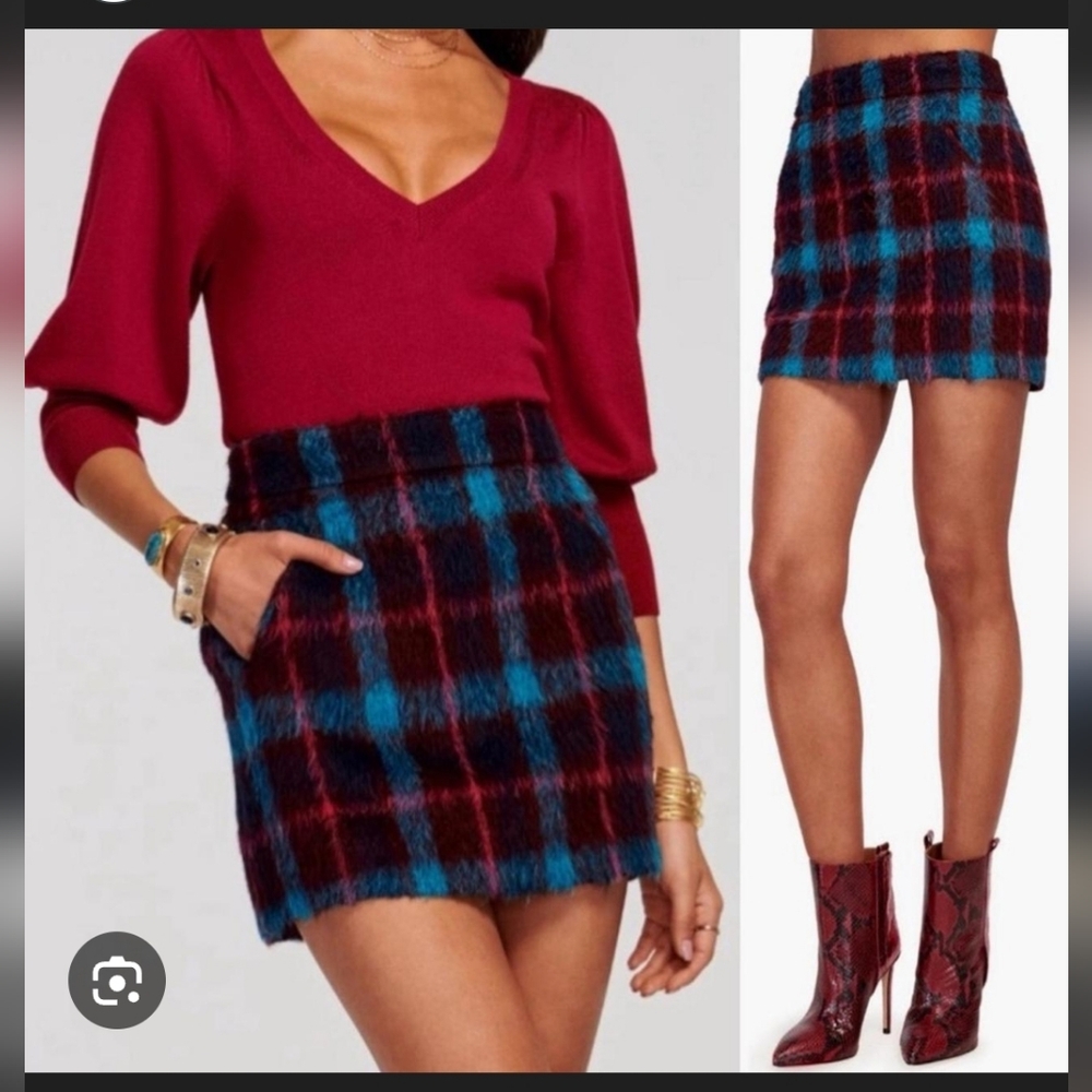 Ramy Brook Cienna Blue & Burgundy Plaid Wool Blend Mini Skirt
